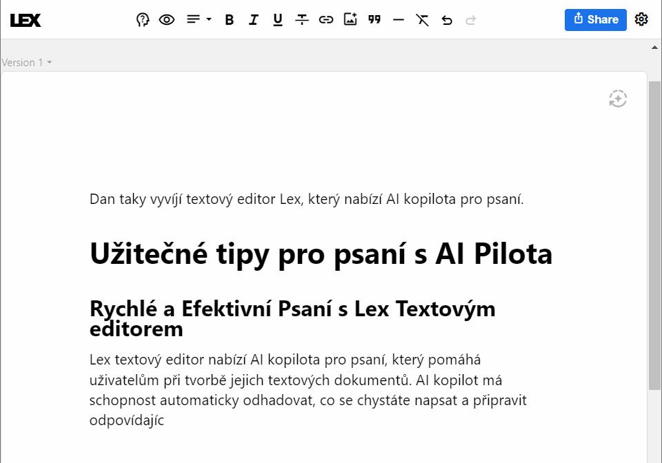 Vložili jsme do Lexe poslední větu a nechali ho (ji? to?) pokračovat. Zdroj: lex.page